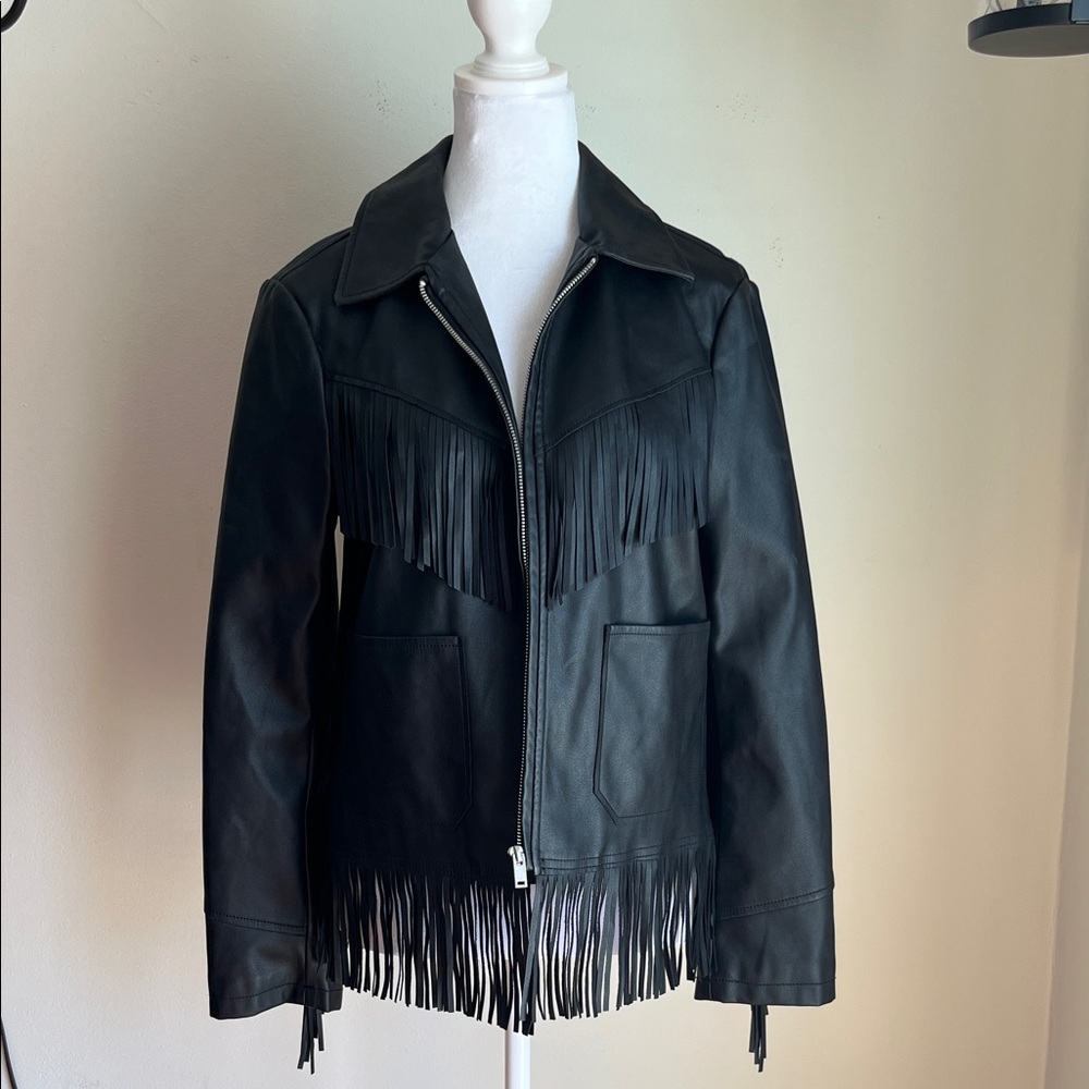 Topshop Black Leather Fringe Jacket